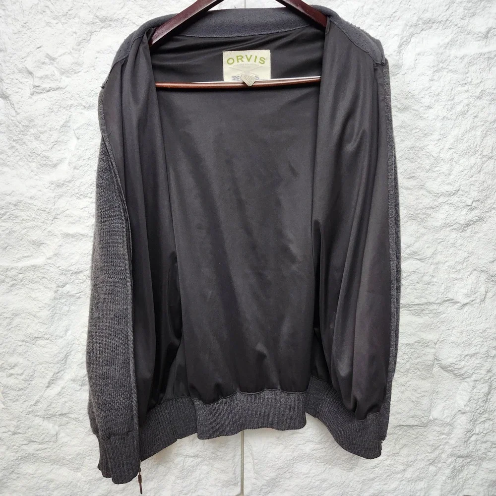 Orvis 100% Wool Full Zip Sweater Jacket XL Charcoal Cardigan Hunting Outdoor